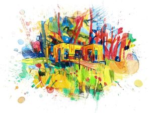 Kolorowa ilustracja w stylu akwareli przedstawia jasny, pomarańczowy budynek z prostokątnym dachem pośrodku kompozycji. Wokół wysokie, czerwone i niebieskie drzewa. Na pierwszym planie znajduje się zielona trawa z elementami w odcieniach żółci i czerwieni. Tło tworzą abstrakcyjne, rozmyte plamy barw w tonacjach błękitu, zieleni i czerwieni.
