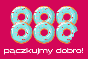 Ilustracja przedstawiająca sześć pączków z niebieskim lukrem i kolorową posypką ułożonych w dwa rzędy po trzy. Ostatni pączek ma odgryziony kawałek. Pod nimi znajduje się biały napis: ,,pączkujmy dobro!”. Grafika na różowym tle.